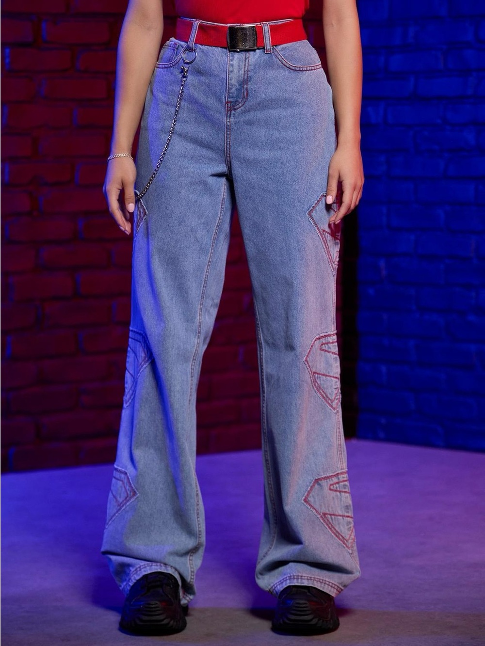 DC Comics Superman Logo Wide Leg Denim Pants With Belt